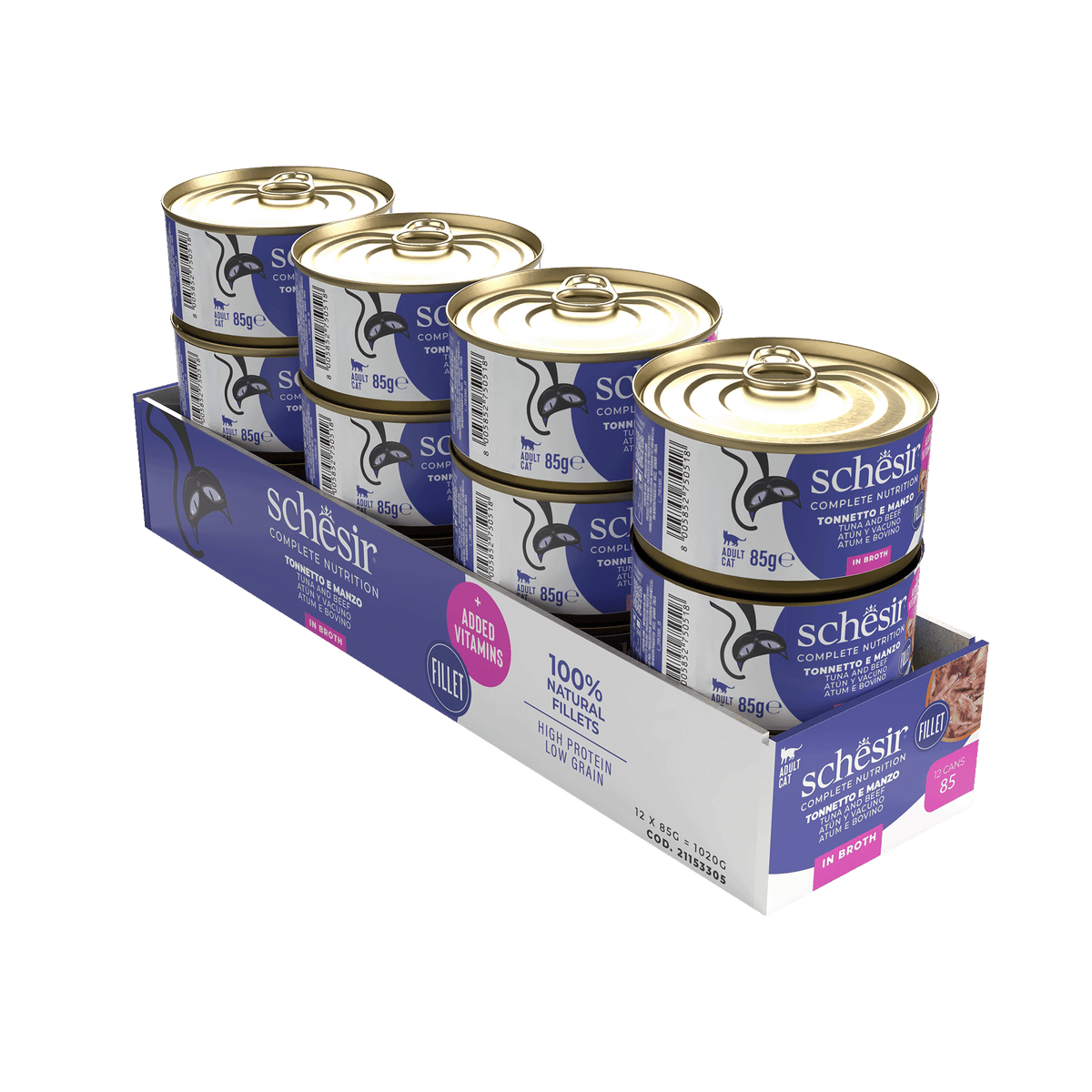 Comida húmida para gatos Schesir atum e filetes de vaca com arroz ao natural, lata 85 g – imagem 2