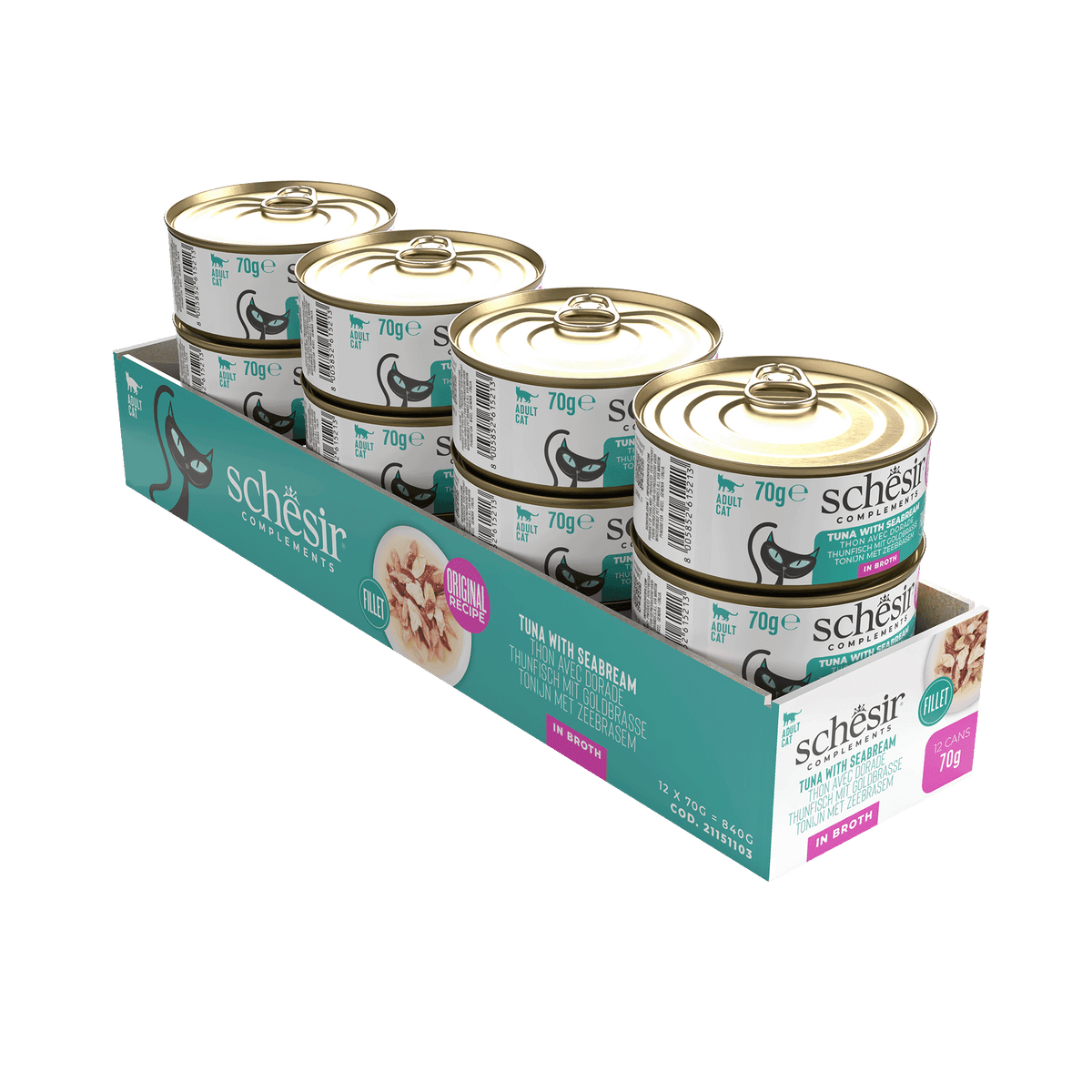 Comida húmida para gatos Schesir atum com dourada em caldo, lata 70 g – imagem 2