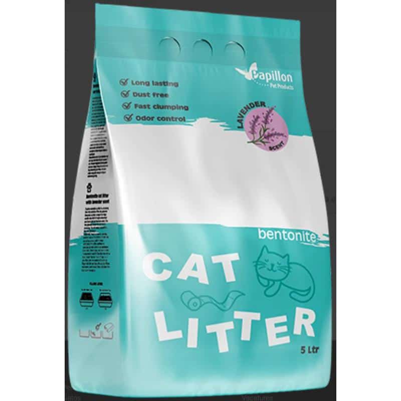 Areia de bentonite Papillon aroma lavanda para gatos, 5 L