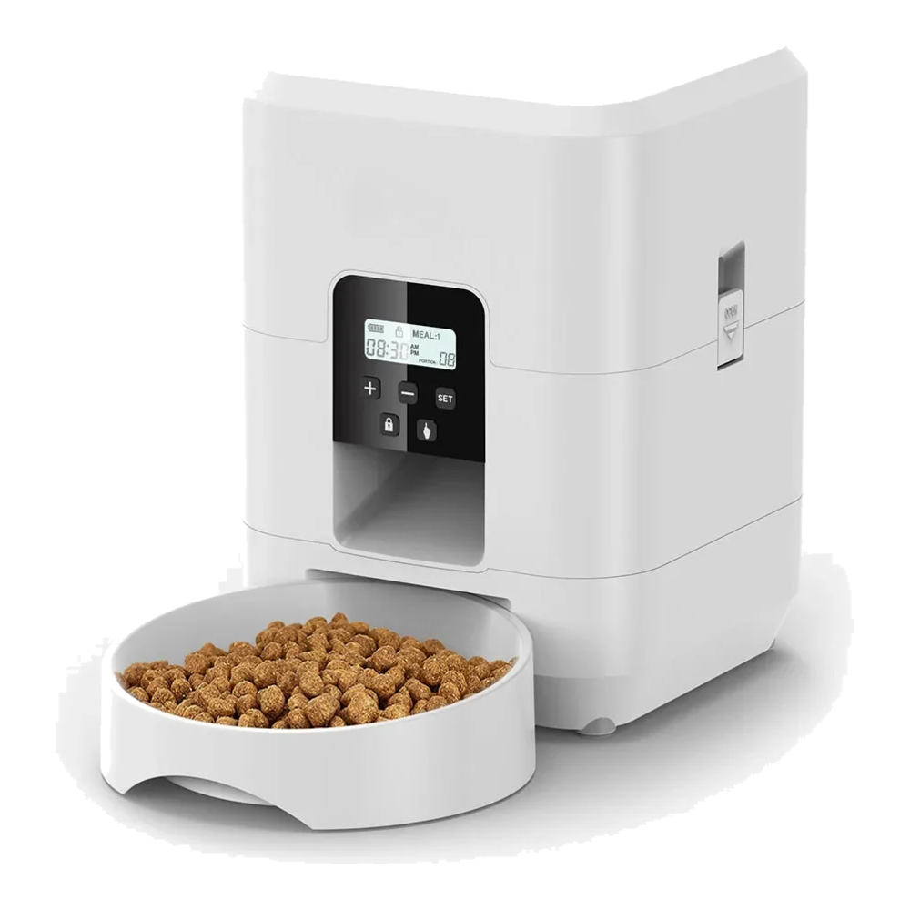 Comedouro automático para gatos branco com botões e ecrã