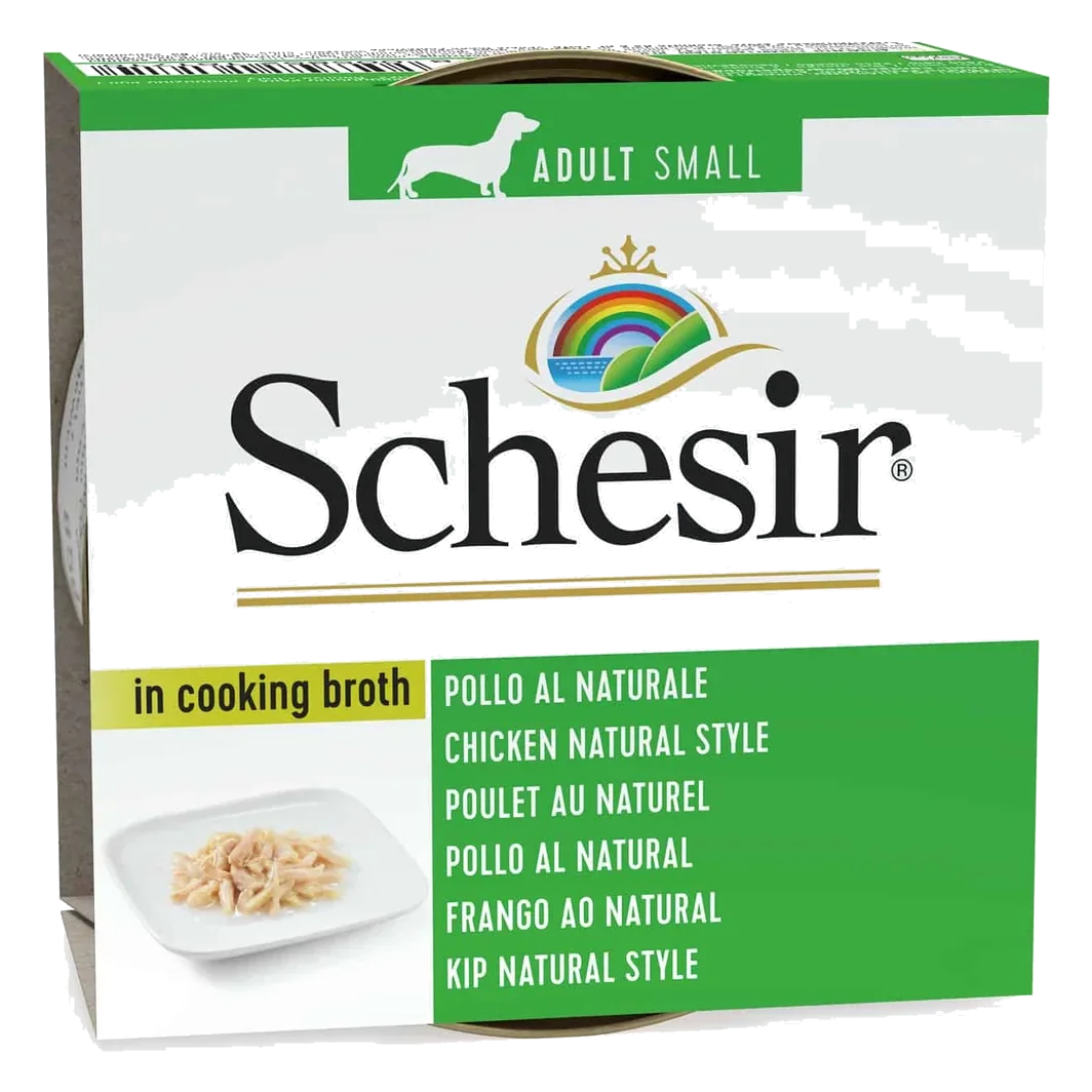Comida húmida para cães adultos Schesir frango ao natural, lata de 85 g