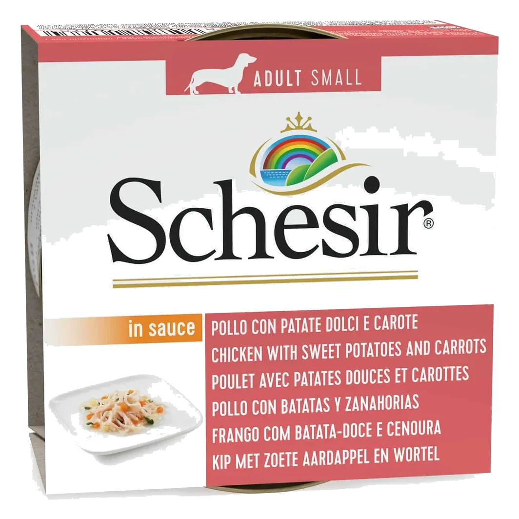Comida húmida para cães Schesir frango, batata-doce, cenoura e espinafres, 85 g