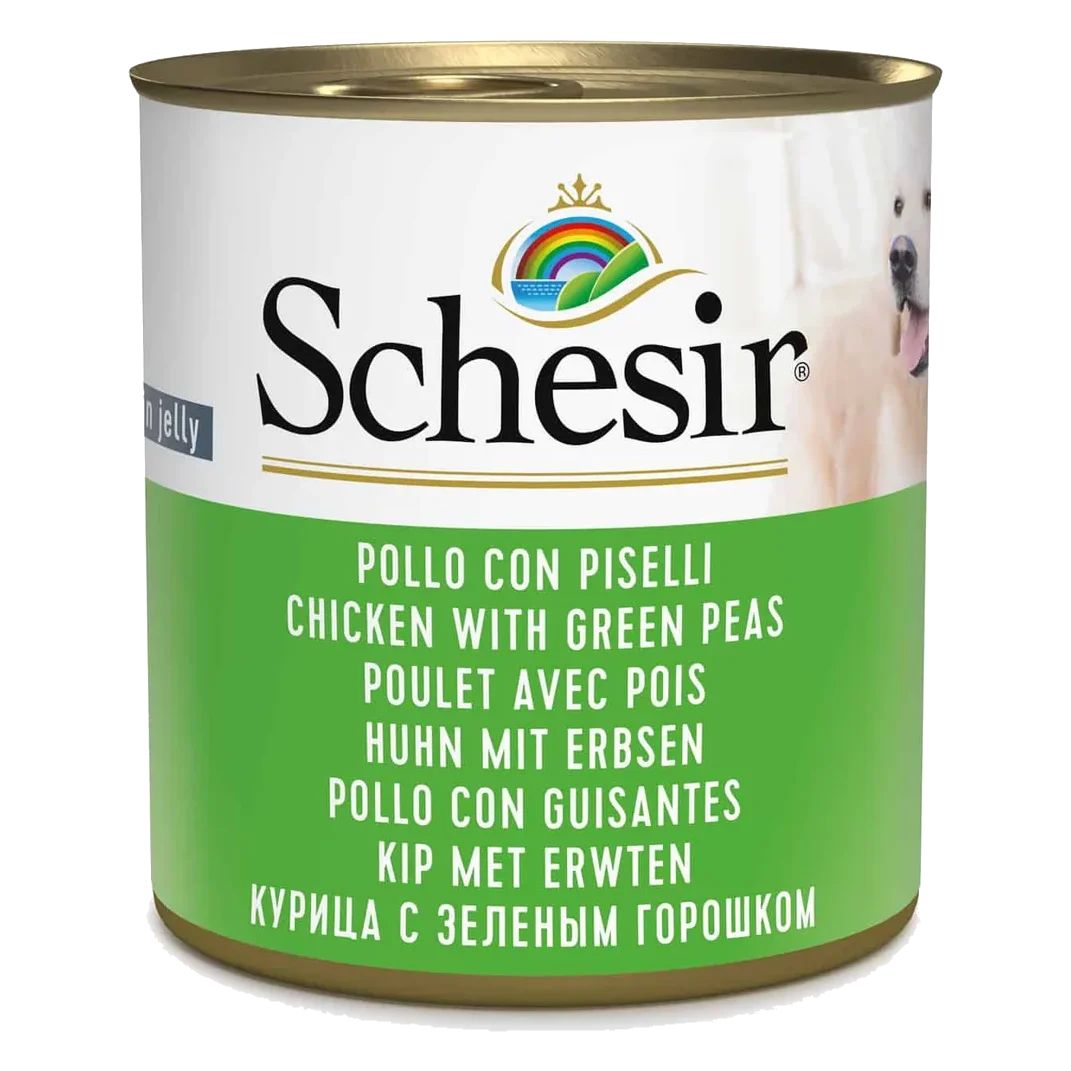 Comida húmida para cães adultos Schesir frango com ervilhas, lata de 285 g