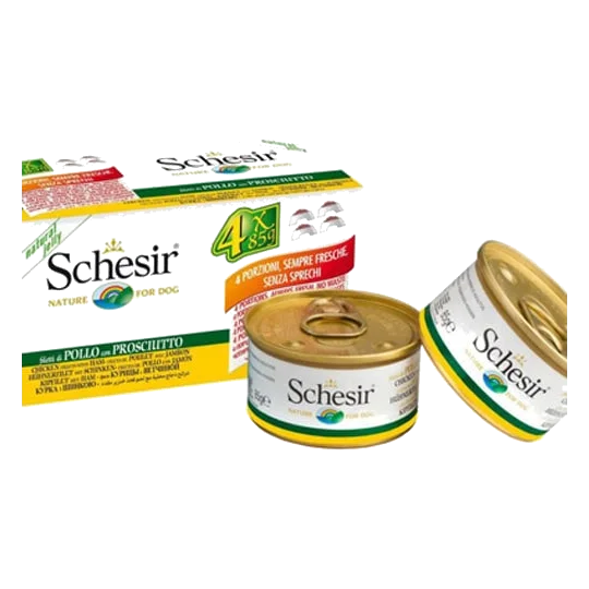 Comida húmida para cães adultos Schesir frango e fiambre, 4 × 85 g