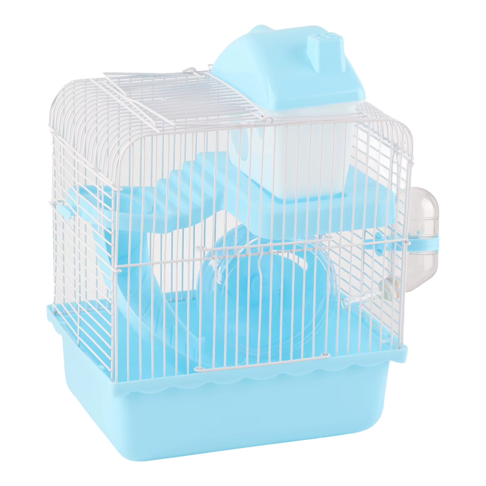 Gaiola para hamster azul de 2 níveis com roda, escada e bebedouro, vista lateral