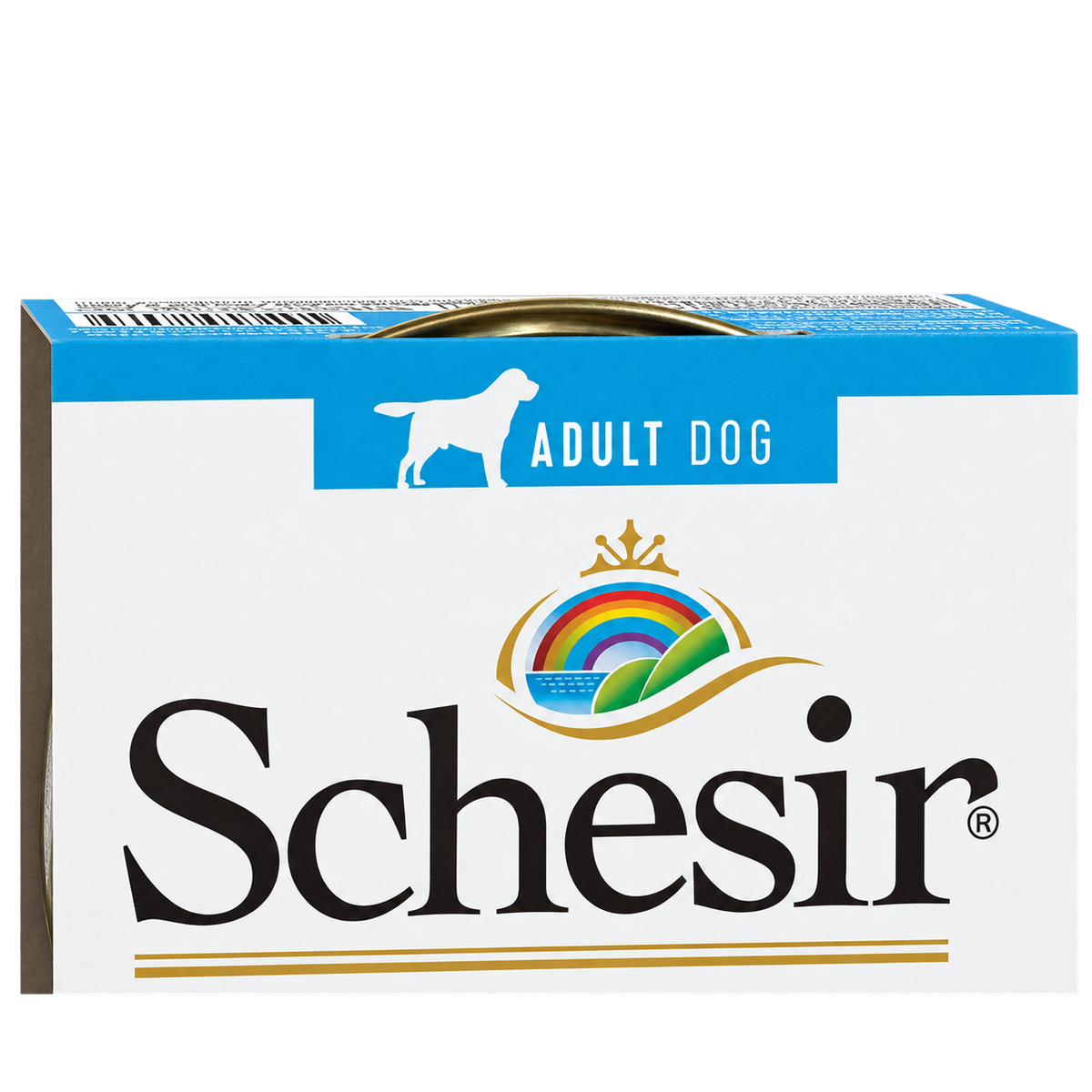 Detalhe da marca e da indicação Adult Dog da embalagem Schesir de atum
