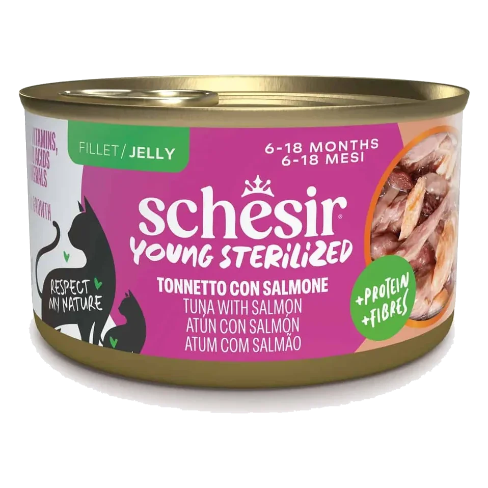 Comida húmida para gatos Schesir Gatinhos esterilizados atum com salmão, 85 g