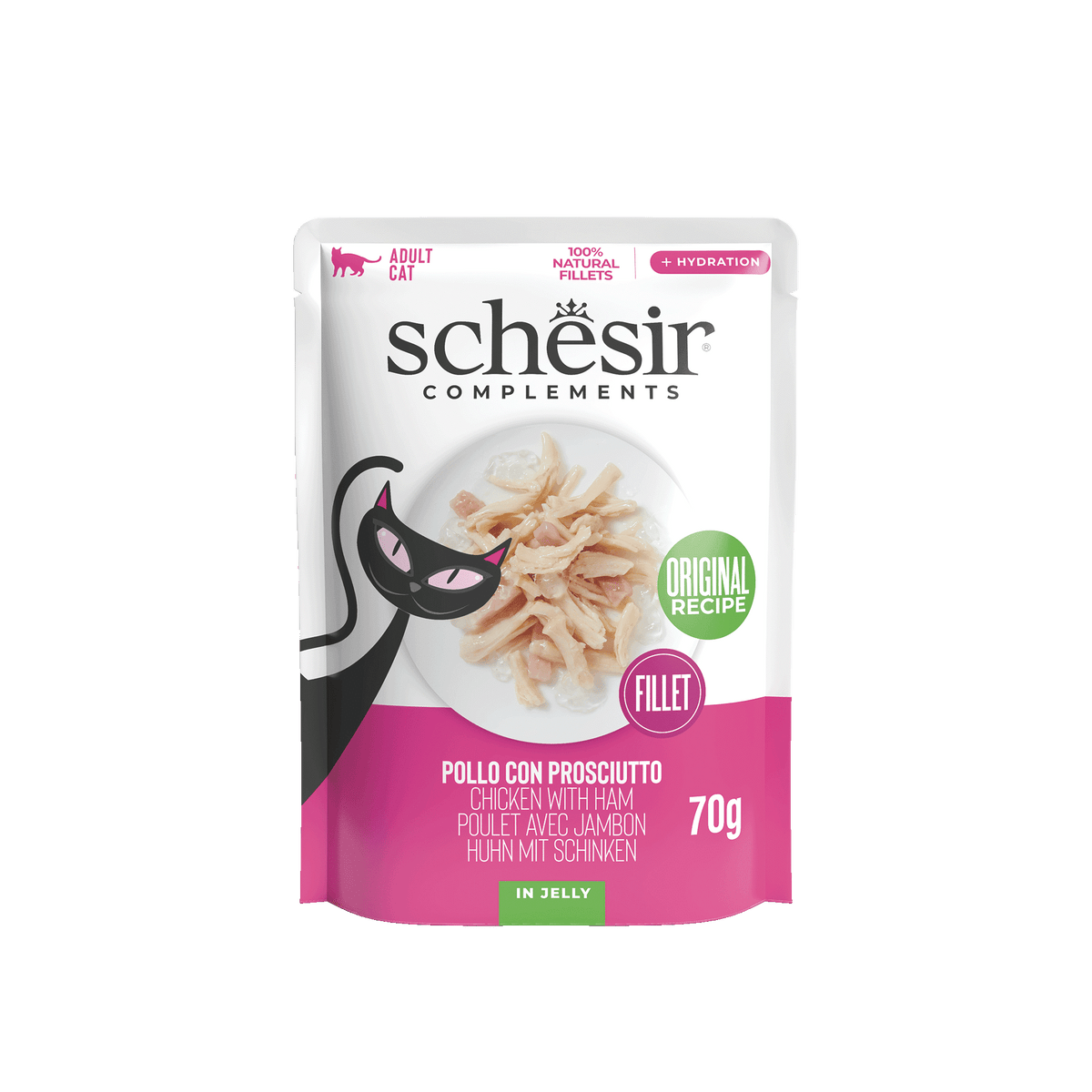 Comida húmida para gatos Schesir frango com fiambre, saqueta 70 g