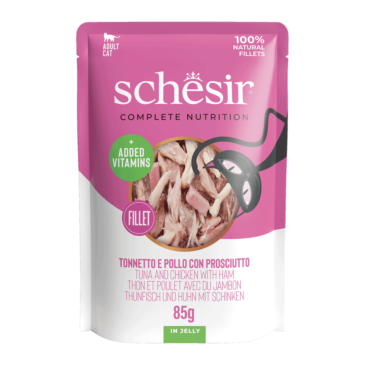 Comida húmida para gatos Schesir atum com frango e fiambre, saqueta 85 g