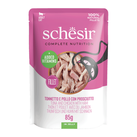 Comida húmida para gatos Schesir atum com frango e fiambre, saqueta 85 g