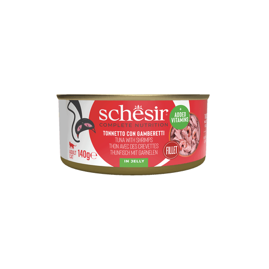 Comida húmida para gatos Schesir atum com camarões, lata 140 g