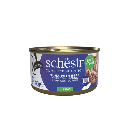 Comida húmida para gatos Schesir atum com vaca, lata 85 g