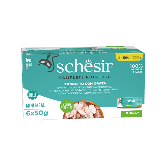 Comida húmida para gatos Schesir atum com dourada, 6 × 50 g, multipack