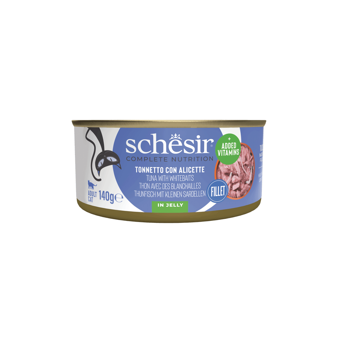 Comida húmida para gatos Schesir atum e meixão em gelatina, lata 140 g
