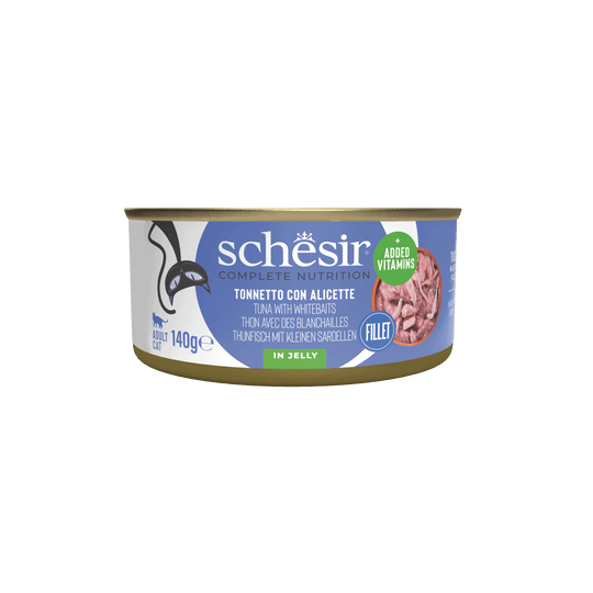 Comida húmida para gatos Schesir atum e meixão em gelatina, lata 140 g