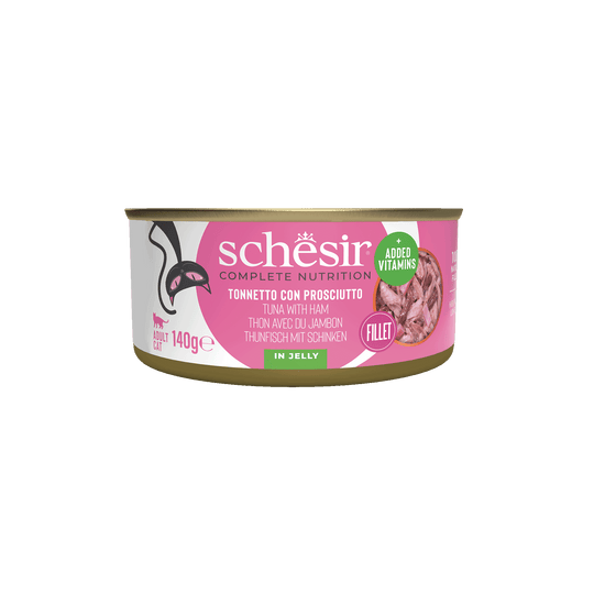 Comida húmida para gatos Schesir atum com fiambre em gelatina, lata 140 g