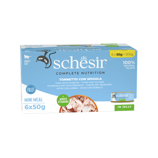 Comida húmida para gatos Schesir atum com robalo, 6 × 50 g, multipack