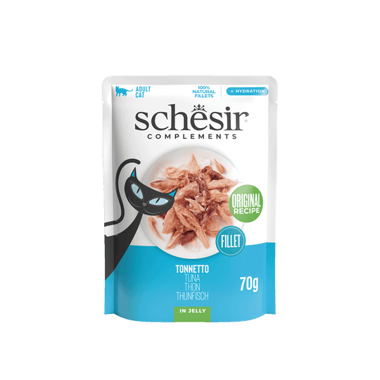 Comida húmida para gatos Schesir atum em gelatina, saqueta 70 g