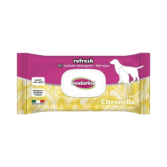 Toalhitas Inodorina Refresh com citronela para cães e gatos