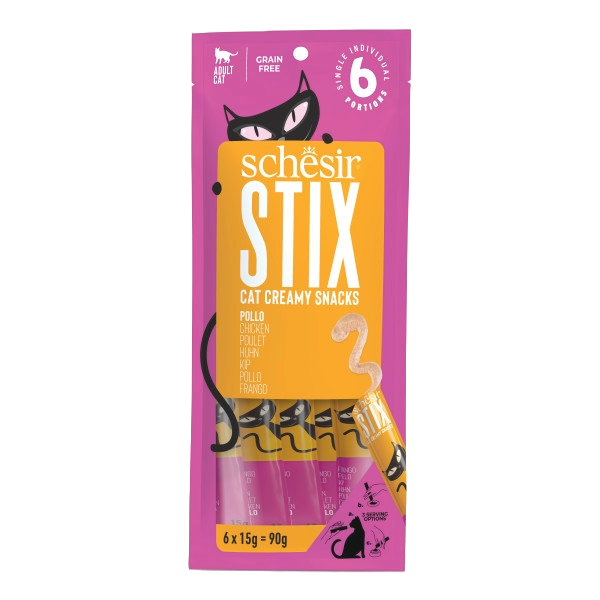 Schesir Snack Stix snacks cremosos frango para gatos, 6 × 15 g
