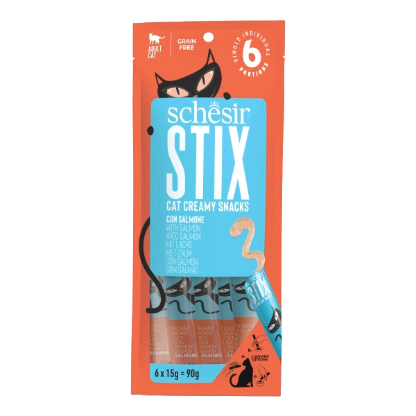 Schesir Snack Stix snacks cremosos salmão para gatos, 6 × 15 g