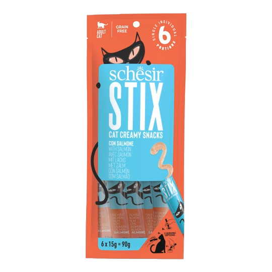 Schesir Snack Stix snacks cremosos salmão para gatos, 6 × 15 g