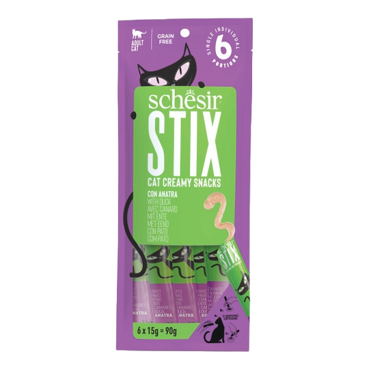 Schesir Snack Stix snacks cremosos pato para gatos, 6 × 15 g