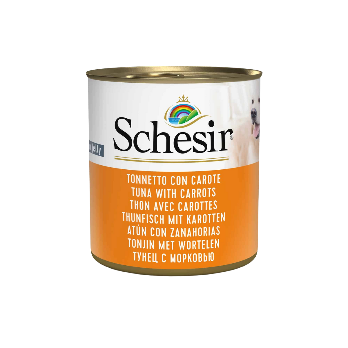 Comida húmida para gatos Schesir atum com cenouras, lata 285 g