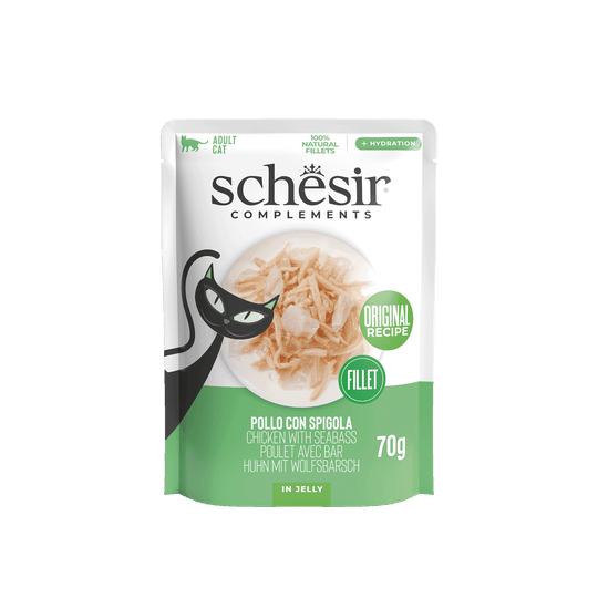 Comida húmida para gatos Schesir filetes de frango com robalo, saqueta 70 g