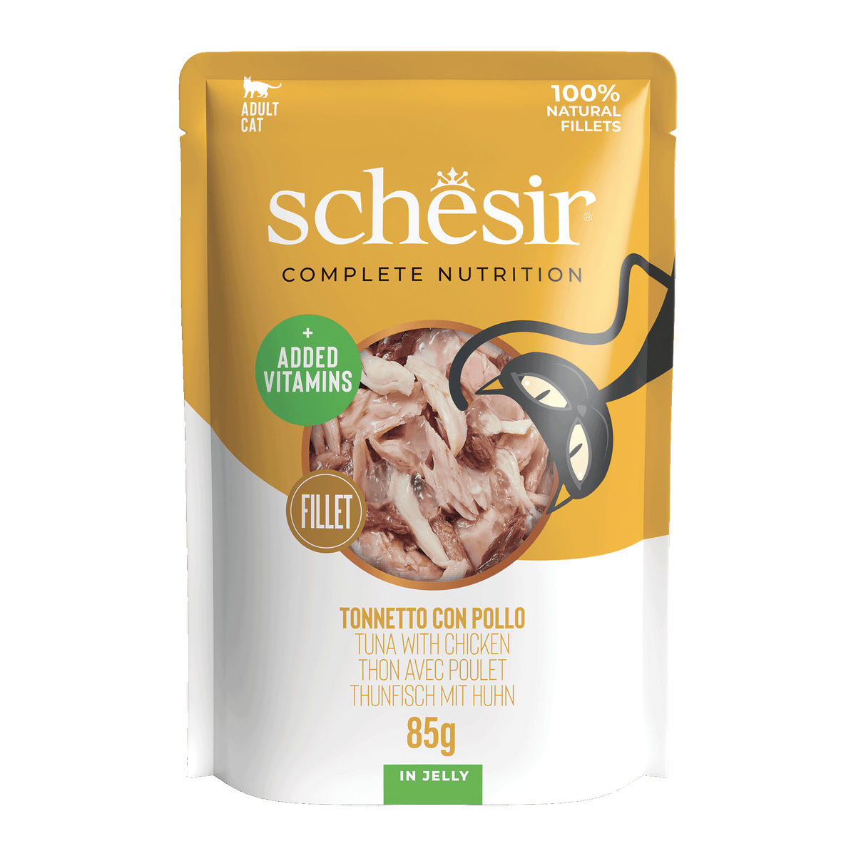 Comida húmida para gatos Schesir atum e filetes de frango, saqueta 85 g