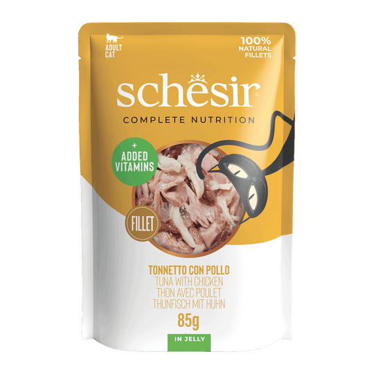 Comida húmida para gatos Schesir atum e filetes de frango, saqueta 85 g