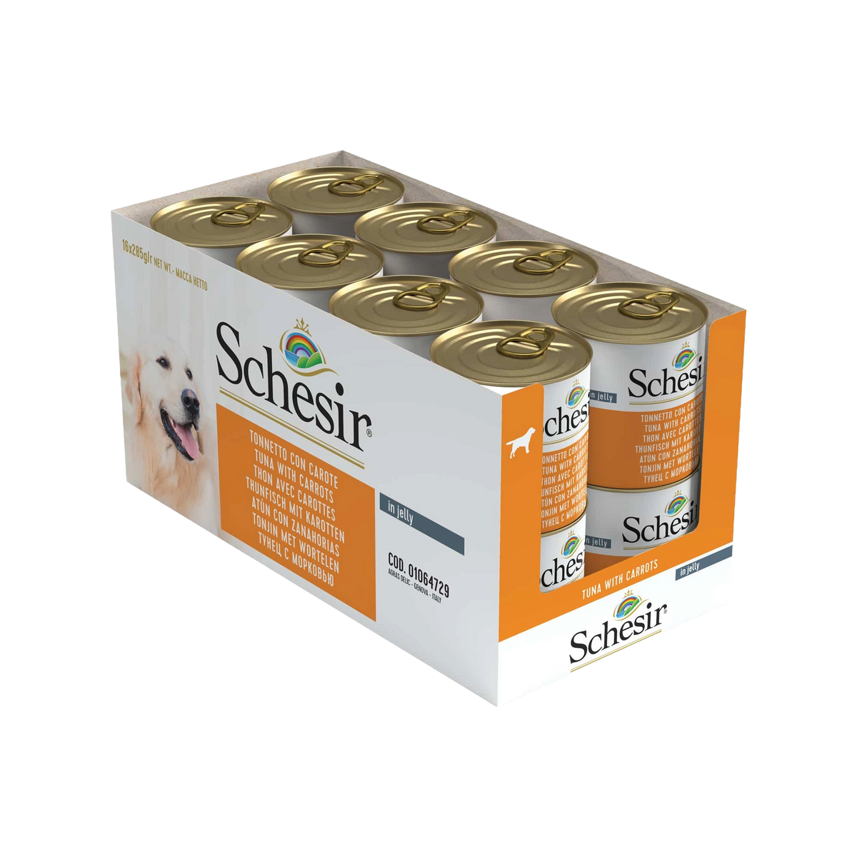 Comida húmida para gatos Schesir atum com cenouras, lata 285 g