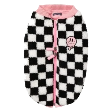 Casaco sherpa para cão FuzzYard Ollie aos quadrados rosa