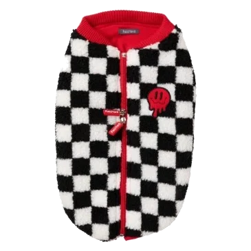 Casaco sherpa para cão FuzzYard Ollie aos quadrados vermelho