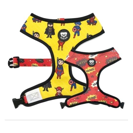 Peitoral reversível Dukier Superheroes para cães, vermelho e amarelo, tamanhos T1 a T4