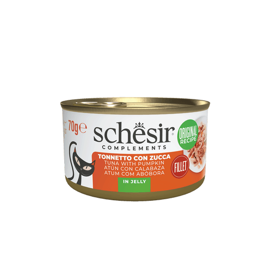 Comida húmida para gatos Schesir atum com abóbora em gelatina, lata 70 g