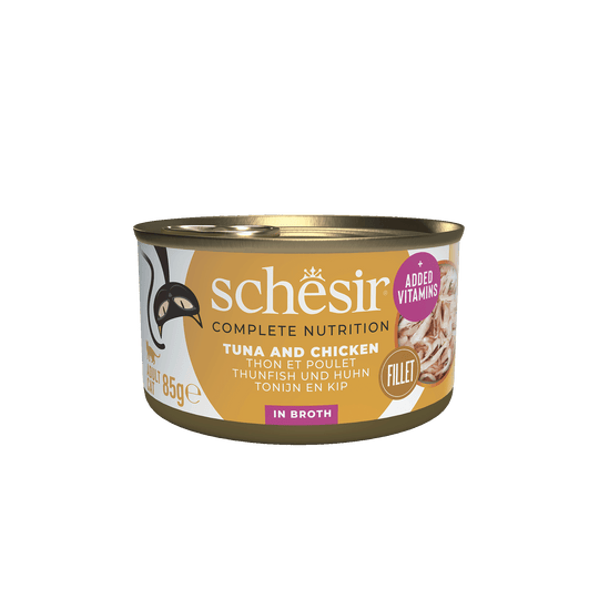 Comida húmida para gatos Schesir atum e filetes de frango em caldo, lata 85 g