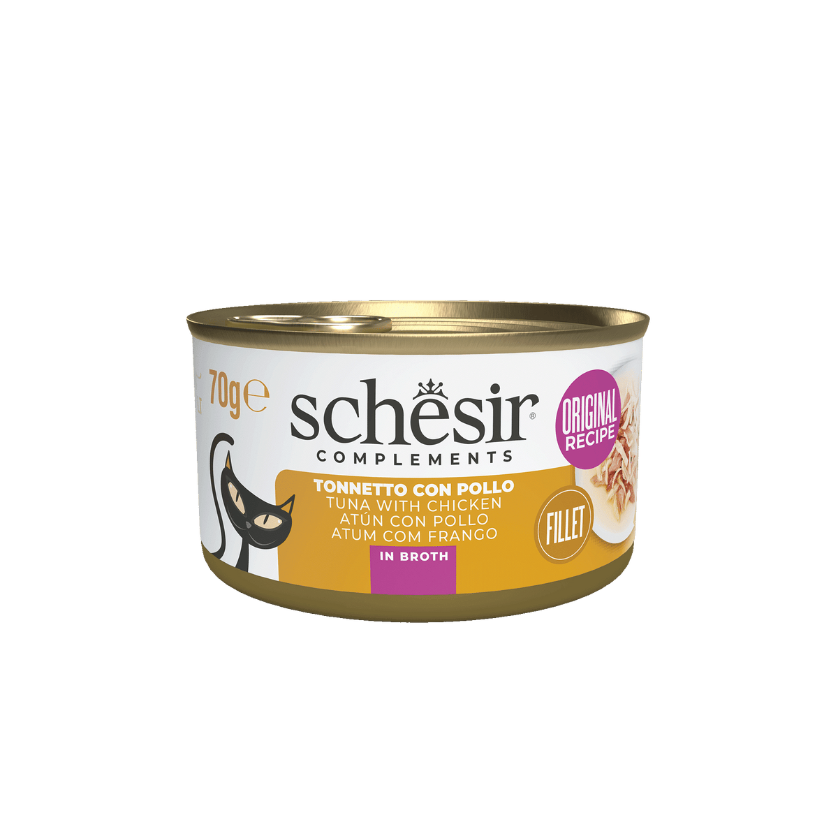 Comida húmida para gatos Schesir atum e filetes de frango em caldo, lata 70 g