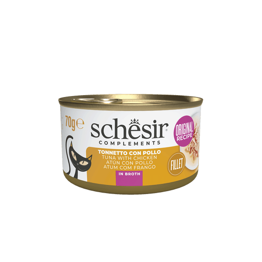 Comida húmida para gatos Schesir atum e filetes de frango em caldo, lata 70 g