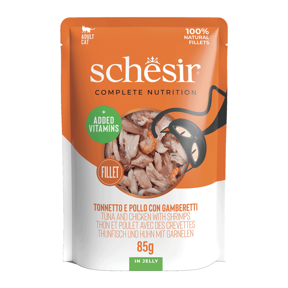 Comida húmida para gatos Schesir atum com frango e camarões, saqueta 85 g