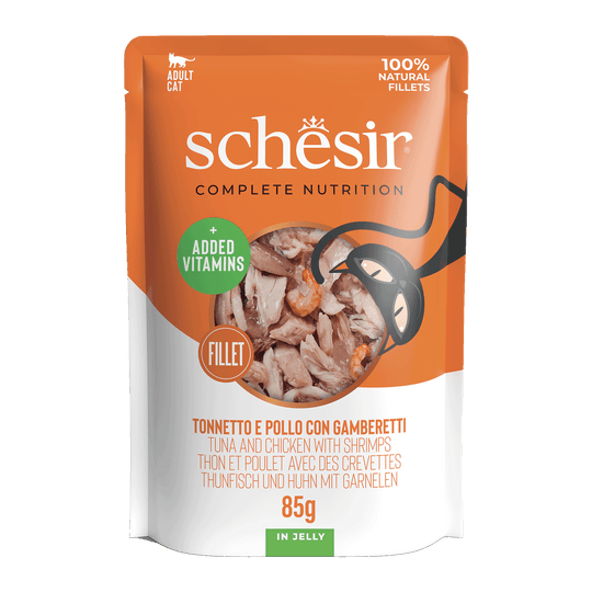 Comida húmida para gatos Schesir atum com frango e camarões, saqueta 85 g