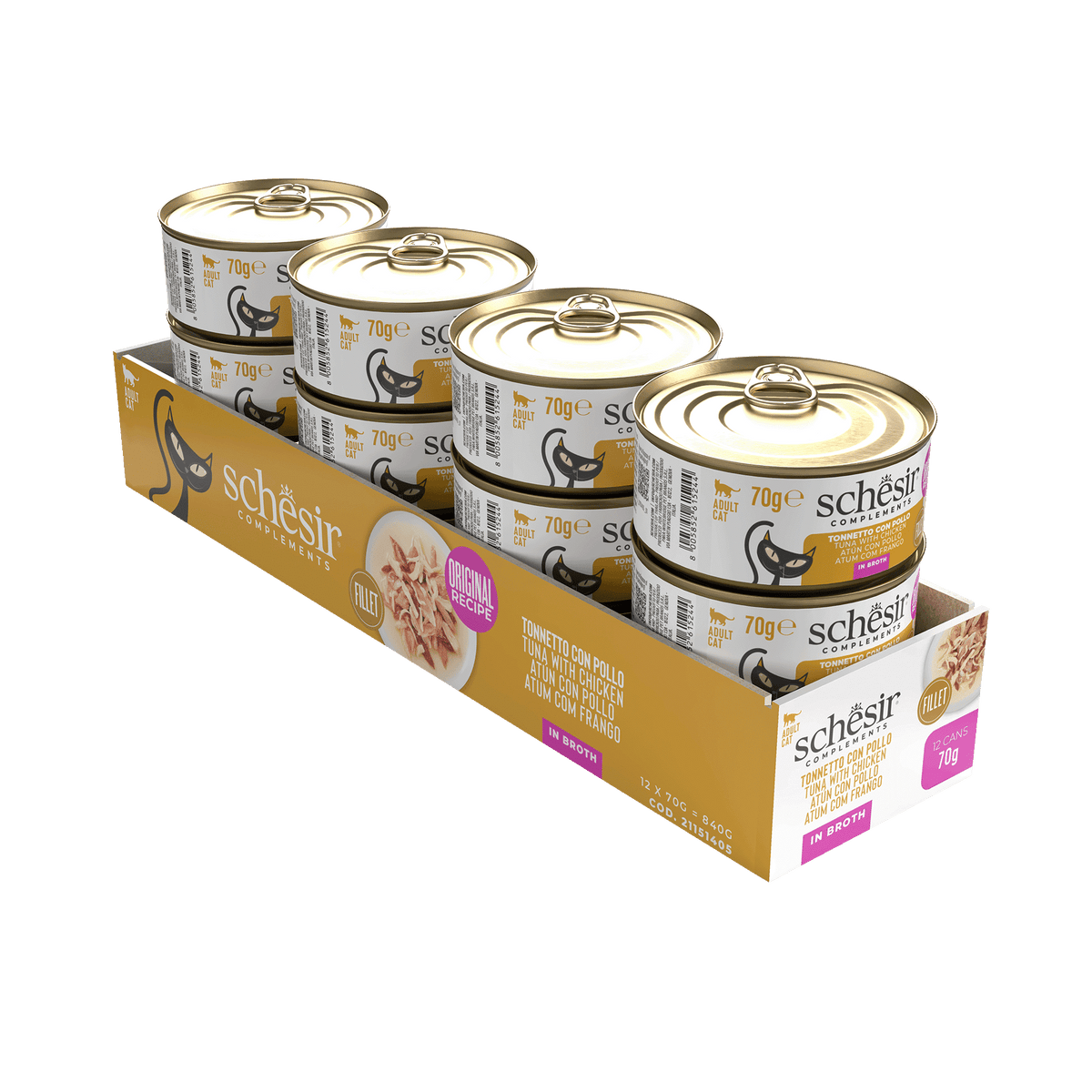 Comida húmida para gatos Schesir atum e filetes de frango em caldo, lata 70 g – imagem 2