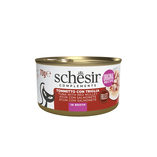 Comida húmida para gatos Schesir atum com salmonete em caldo, lata 70 g