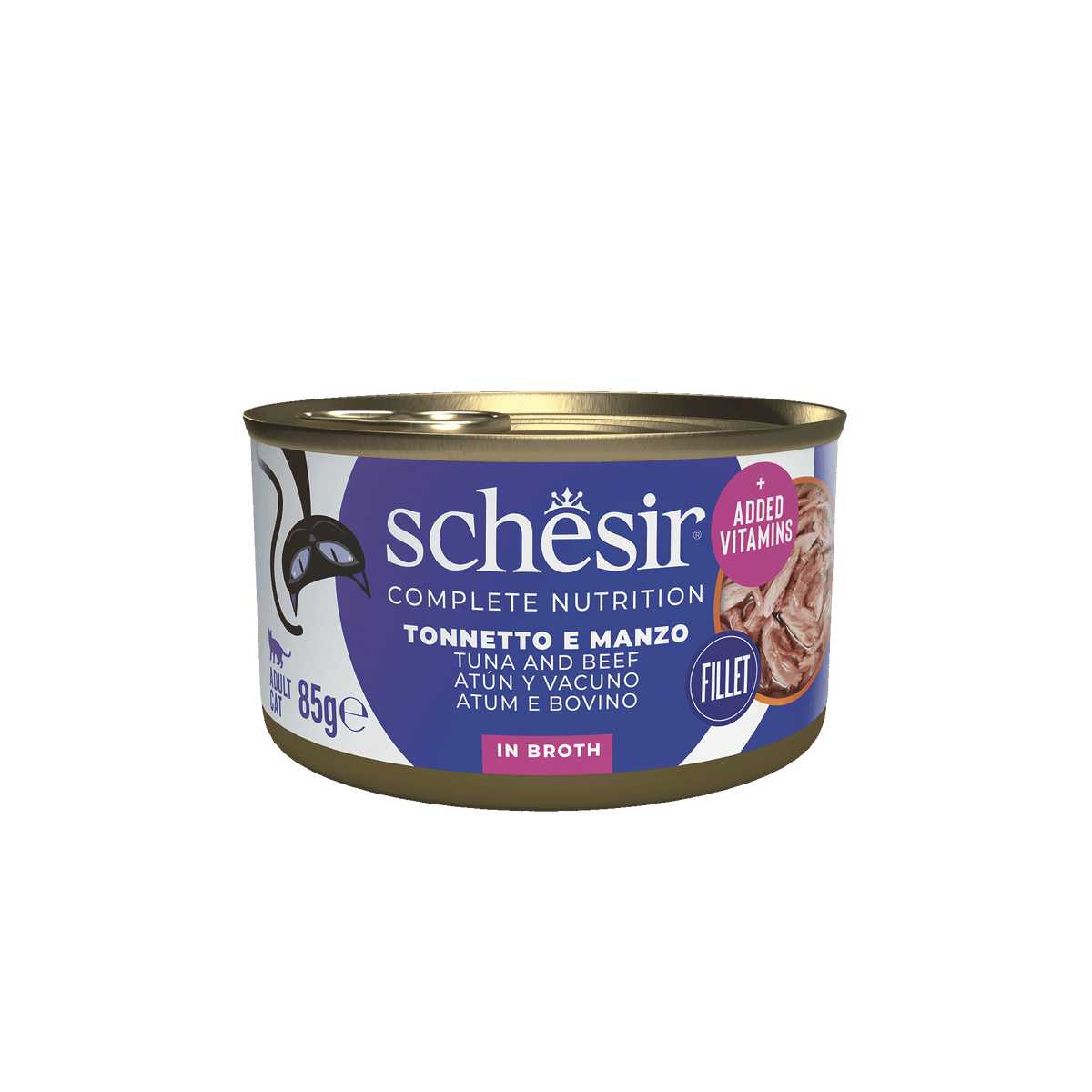 Comida húmida para gatos Schesir atum e filetes de vaca com arroz ao natural, lata 85 g