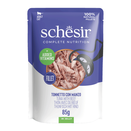 Comida húmida para gatos Schesir atum com vaca, saqueta 85 g