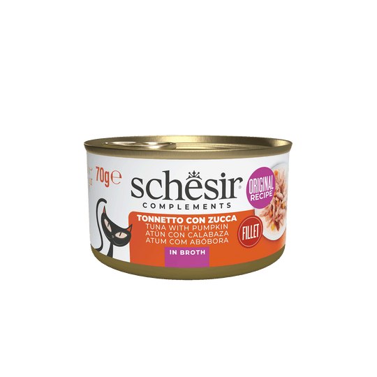 Comida húmida para gatos Schesir atum com abóbora em caldo, lata 70 g