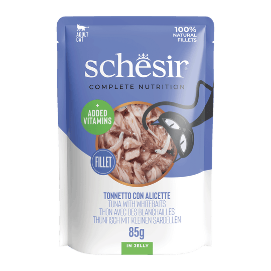 Comida húmida para gatos Schesir atum com anchovas, saqueta 85 g