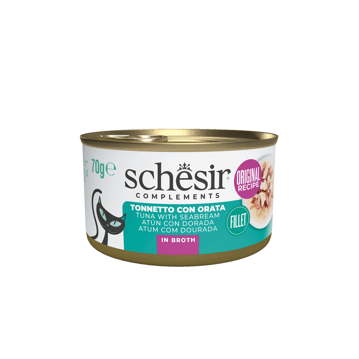 Comida húmida para gatos Schesir atum com dourada em caldo, lata 70 g