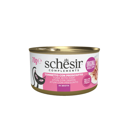 Comida húmida para gatos Schesir atum com fiambre em caldo, lata 70 g
