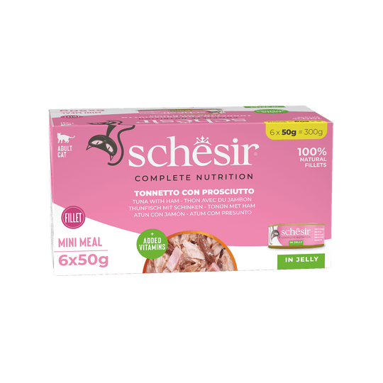 Comida húmida para gatos Schesir atum com fiambre, 6 × 50 g, multipack
